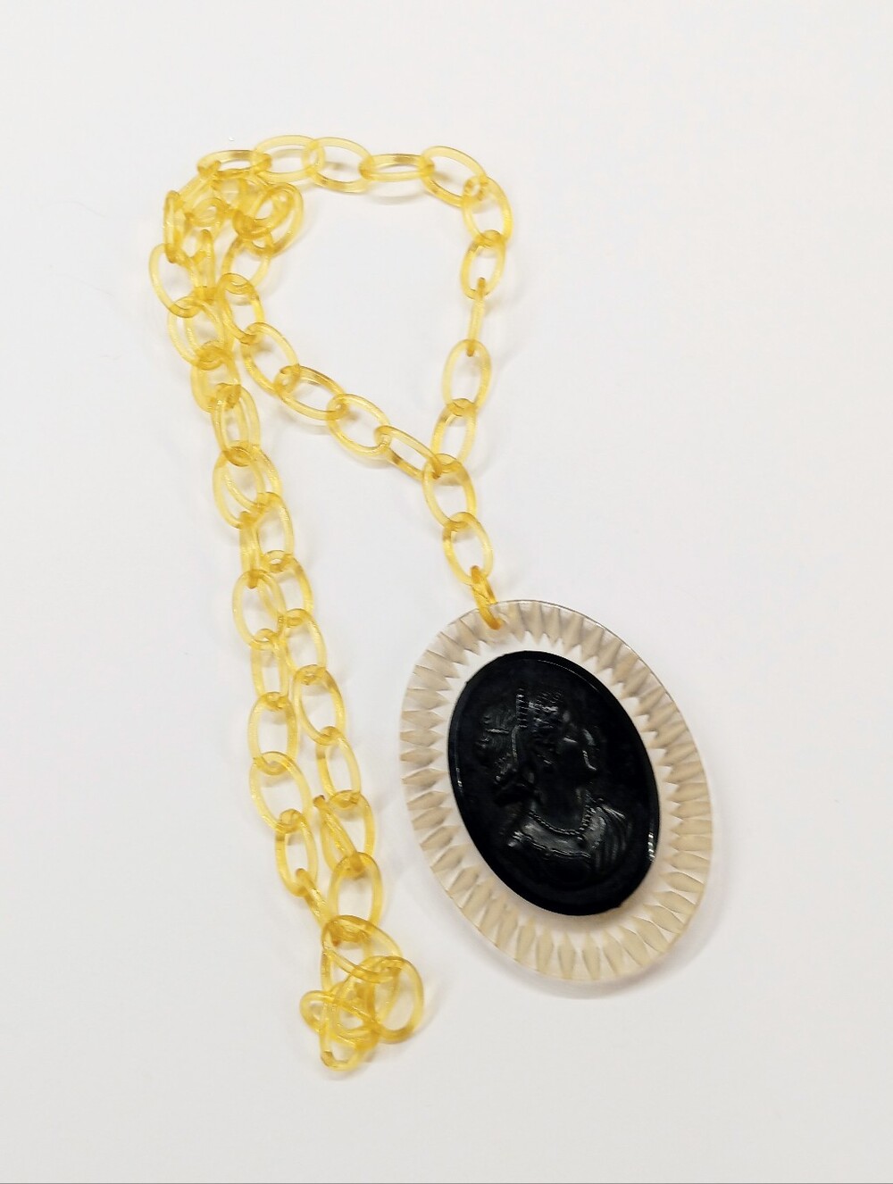 Vintage Art Deco Era Reverse Carved Cameo Necklace Celluloid Lariat